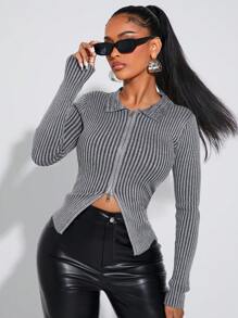 SHEIN SXY Áo len cardigan dệt kim gân ôm sát phong cách ngọt ngào và cay nồng, cổ áo có khóa kéo kép, phối màu đen và trắng - Màu xám đen - Xem 5