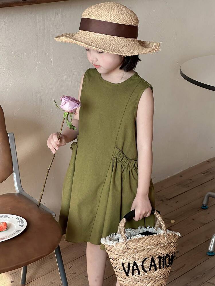 Simple & Fashionable Casual Solid Color Dress For Young Girls, Daily Wear,Girls Summer Outfits Easter