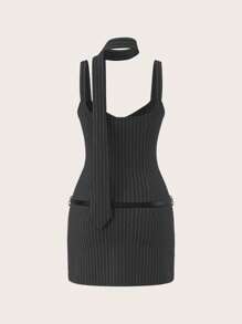 SHEIN ICON Vestido casual con tirantes de espagueti a rayas, con cinta, minimalista y de moda para uso diario para mujeres de oficina