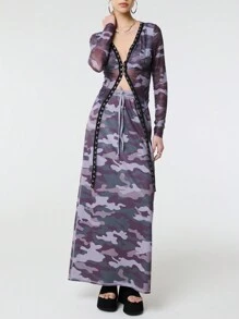 SHEIN Unity Gonna mini casual da donna con stampa mimetica e allacciatura anteriore, per uso quotidiano - Multicolore - Visualizzare 5