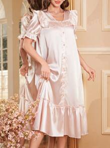 V-Neck Single Breasted Ruffle Trim Faux Silk Short Sleeve Nightgown - Dusty Pink - View 1