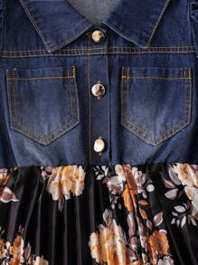 SHEIN 年轻女孩时尚牛仔拼布印花褶皱下摆度假二合一连衣裙 - 彩色 - 查看 6