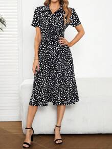EMERY ROSE Women's Casual Commuter All-Over Print Short Sleeve Mid-Length Dress - Black - View 3