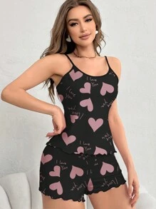 2pcs Heart & Letter Print Ruffle Strap Camisole And Shorts Pajama Set - Black - View 4