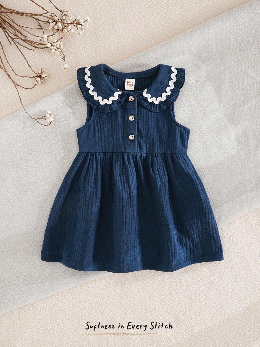 Cozy Pixies Baby Girl Sleeveless Waist Gathered Color Block Ruffle Collar Dress