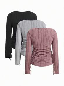 Modmama Maternity Casual Solid Color Ribbed Side Drawstring Long Sleeve T-Shirt, Autumn - Multicolor - View 2