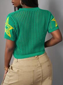 Slaydiva New Spring And Summer Casual Street Sports Style Round Neck Short-Sleeved Yellow Star Pattern 23 Slogan Logo Crocheted Dark Green Women's Sweater-B - Dark Green - View 2