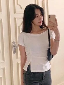 DAZY 女士斜肩紧身腰部紧身 T 恤，休闲时尚，适合日常穿着 - 白色 - 查看 4