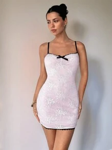 Aloruh Nuovo arrivo autunnale e invernale per donna, vestito mini vintage rosa romantico e carino con scollo a cuore, bordo in pizzo a contrasto e fiocco decorativo. Abiti da donna, per San Valentino, abito, abito, abito, stile Y2K, abiti da compleanno per donna, San Valentino, abito rosa, abbigliamento Y2K, abiti da donna, mini, fiocco, abito rosa per donna - Rosa - Visualizzare 6