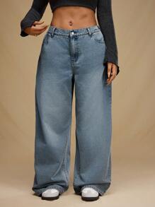 Forever 21 Plus Size Casual Washed Low Waist Wide Leg Jeans - Blue - View 3