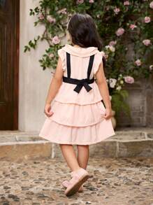 SHEIN Vestido de tul de estilo elegante y dulce con cuello de encaje y moño en color rosa claro, de múltiples capas, para niña, atuendo diario de primavera/verano, conjunto a juego de hermanos (2 piezas se venden por separado) - Rosa Pálido - Ver 2