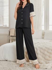 Color Block Ruffle Patchwork Jacquard Lapel Short Sleeve Pajama Set For Women - Black - View 6