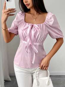 Elenzga Women's Spring/Summer Square Neck Elegant Bowknot Cuffed Sleeve Blouse