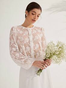 SHEIN Unity 白色花卉優雅夏季婚禮賓客法式鏤空刺繡網紗長袖鈕扣圓領上衣，女士約會之夜百搭款 - 白色 - 查看 5