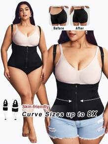 SHEIN CURVE+ Plus Size Summer Solid Color Front Zipper Shapewear Tos, High Elastic Tummy Control Vest - Black - View 1