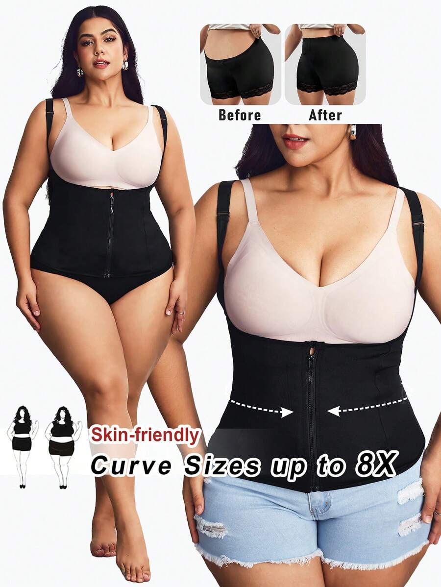 SHEIN CURVE+ Plus Size Summer Solid Color Front Zipper Shapewear Tos, High Elastic Tummy Control Vest - Black - View 1