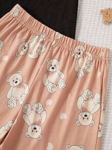 Tween Girls Cute Cartoon Print Pajama Set With Round Neck T-Shirt And Shorts - Black - View 3