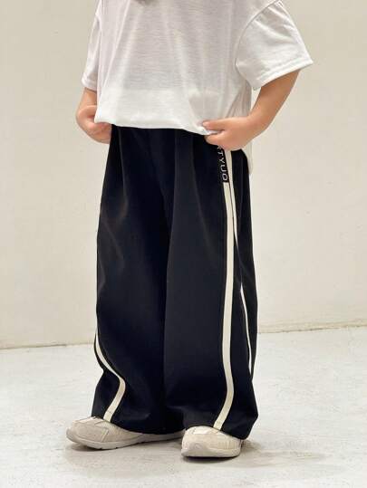 SHEIN 1 件装年轻男孩日韩宽松丝带装饰袖口黑色长裤适合生日派对、晚会、表演、婚礼