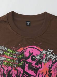 ROMWE MEN Street Life Men Loose Fit Drop Shoulder Short Skull Printed T-Shirt - Apricot - View 3