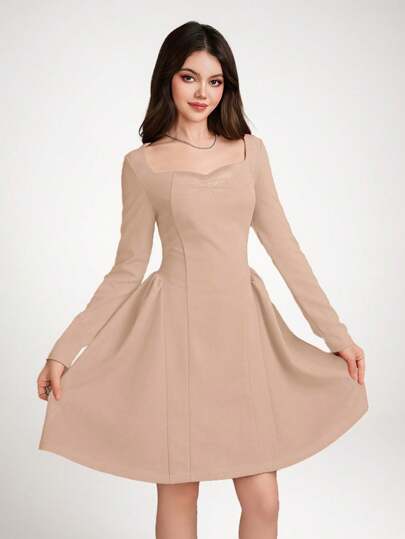 SHEIN Elegant & Luxurious Teen Girls Ruffle Long Sleeve Ruffle Trim Short Dress, Red, Suitable For Back To School, Birthday Party, Cocktail, Valentine's Day