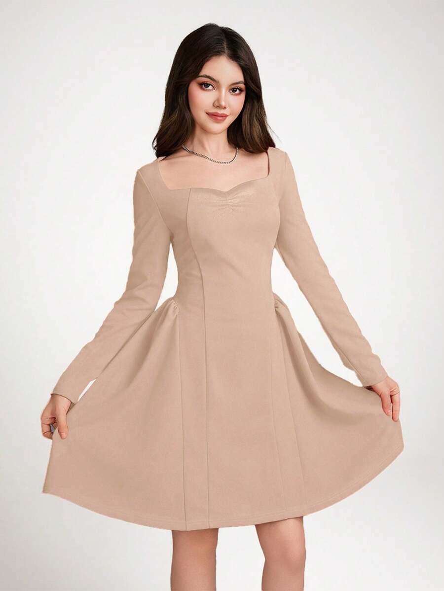 SHEIN Elegant & Luxurious Teen Girls Ruffle Long Sleeve Ruffle Trim Short Dress, Red, Suitable For Back To School, Birthday Party, Cocktail, Valentine's Day - Apricot - View 1