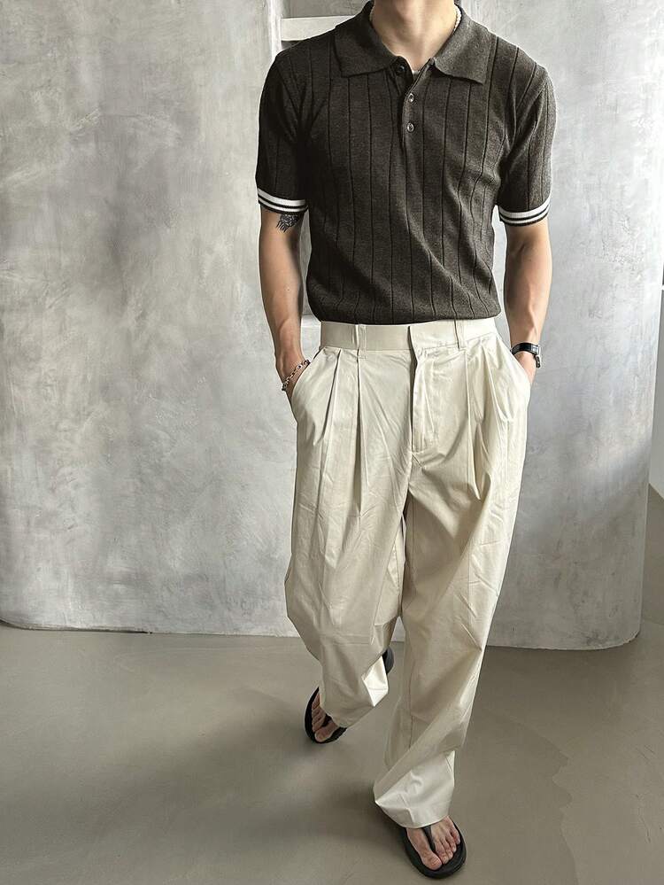 Men's Half-Open Collar Ribbed Contrast Color Knitted Sweater, Summer Business Attire