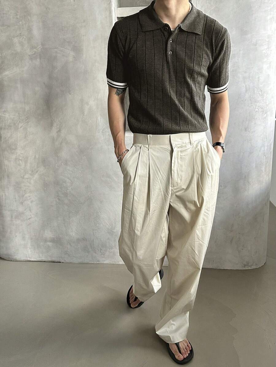 DAZY Men's Half-Open Collar Ribbed Contrast Color Knitted Sweater, Summer Business Attire - Dark Grey - View 1
