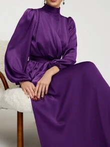 Veilorie 女士纯色立领褶皱灯笼袖优雅阿拉伯长裙长款晚礼服 - 紫色 - 查看 7