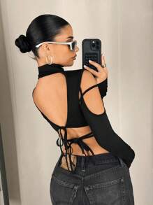 SHEIN ICON Top de manga larga de talla mujer con cuello alto, recorte posterior hueco y estilo urbano