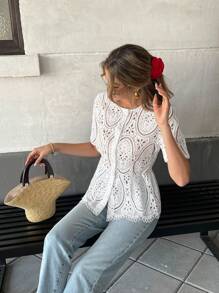 Pariaura Top de manga corta y corto con bordado floral para mujer, primavera/verano, bordado hueco - Blanco - Ver 3