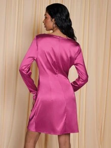 COSMINA Women's Elegant Solid Color Draped Neck Mini Dress - Pink - View 2