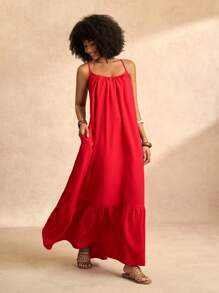 Slaydiva 2025 Lente/Zomer Nieuwe Lange Jurk voor Dames, Geschikt Voor Muziekfestivals, Pasen, Bruiloften, Boho Stijl, Westerse Stijl, Verjaardagen, Afstuderen, Studenten, Dagelijkse Casual Kleding, All-Match Veelzijdig, Vrijetijdsbesteding, Cruise Reizen, Strand, Zonnebaden, Gestructureerde Stof, Oversized, Spaghettibandjes, Sexy Rugloos, Vetersluiting op de Rug, Rode Kleur