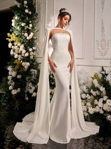 Glamrae 优雅、奢华的水钻装饰弹力针织美人鱼可拆卸尾巴婚纱，适合婚礼、派对、度假、庆典、新娘 - 米色 - 查看 6