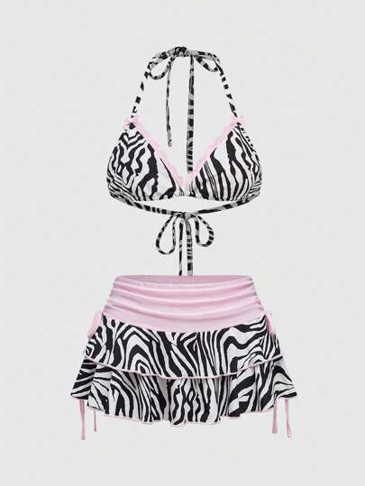 Grunge Punk Y2K Sexy Mädchen Schwarz-Weiß Zebra Gestreift Urlaubsstil Allover-Muster Triangel-Top und Minirock mit Tief Sitzender Taille 2-teiliges Set