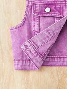SHEIN Tween Girls' Single Button Pocket Casual Denim Vest Jacket - Purple - View 5