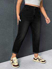 SHEIN ICON 大碼休閒修身錐形牛仔褲，洗水色 - 黑色 - 查看 3