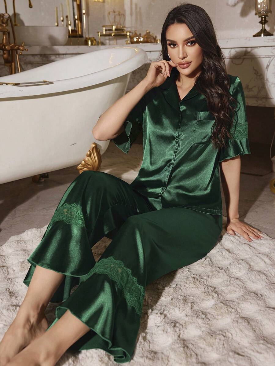 高贵优雅蕾丝拼布荷叶边缎面女士睡衣套装