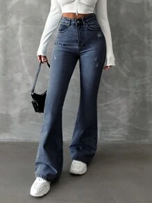 EURMUSE 98%Cotton Ladies' Distressed Flared Jeans - Light Wash - View 1