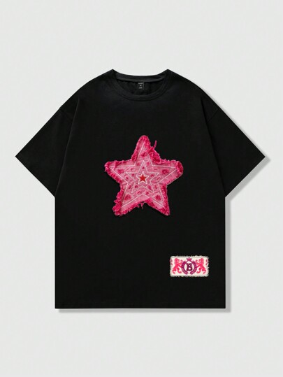 Anime T-shirt à manches courtes pour hommes avec patch de broderie de pentagramme, convient pour le port quotidien, printemps/été, style années 2000