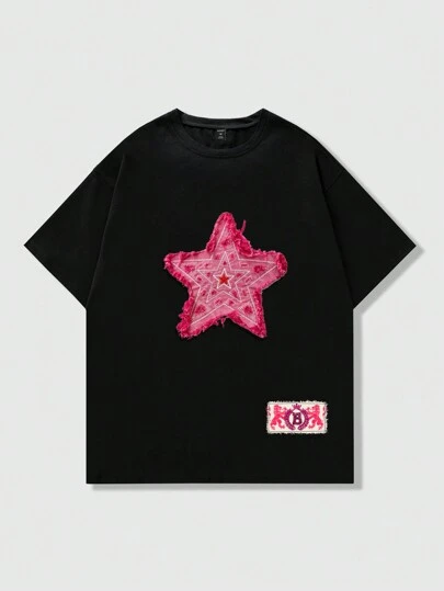 Street Life Camiseta de manga corta con bordado de estrella de cinco puntas para hombre, adecuada para uso diario en primavera/verano