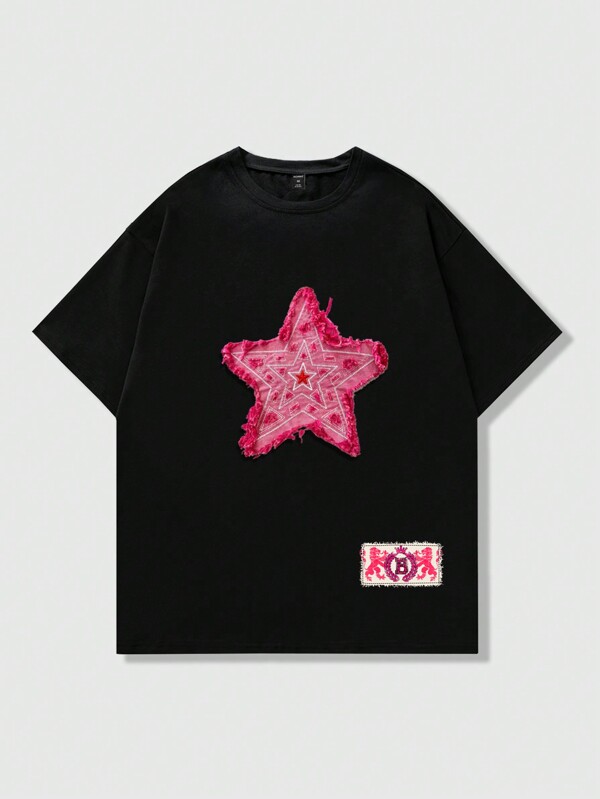 ROMWE MEN Anime Camiseta de manga corta para hombre con parche bordado de pentagrama, adecuada para uso diario, primavera/verano, estilo de los 2000