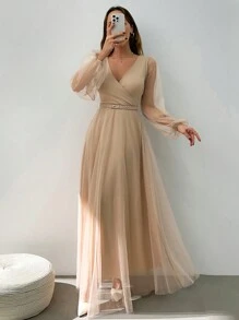 EURMUSE Dor Jacquard Sleeve Detailed Beige Long Dress For Going Out - Beige - View 1