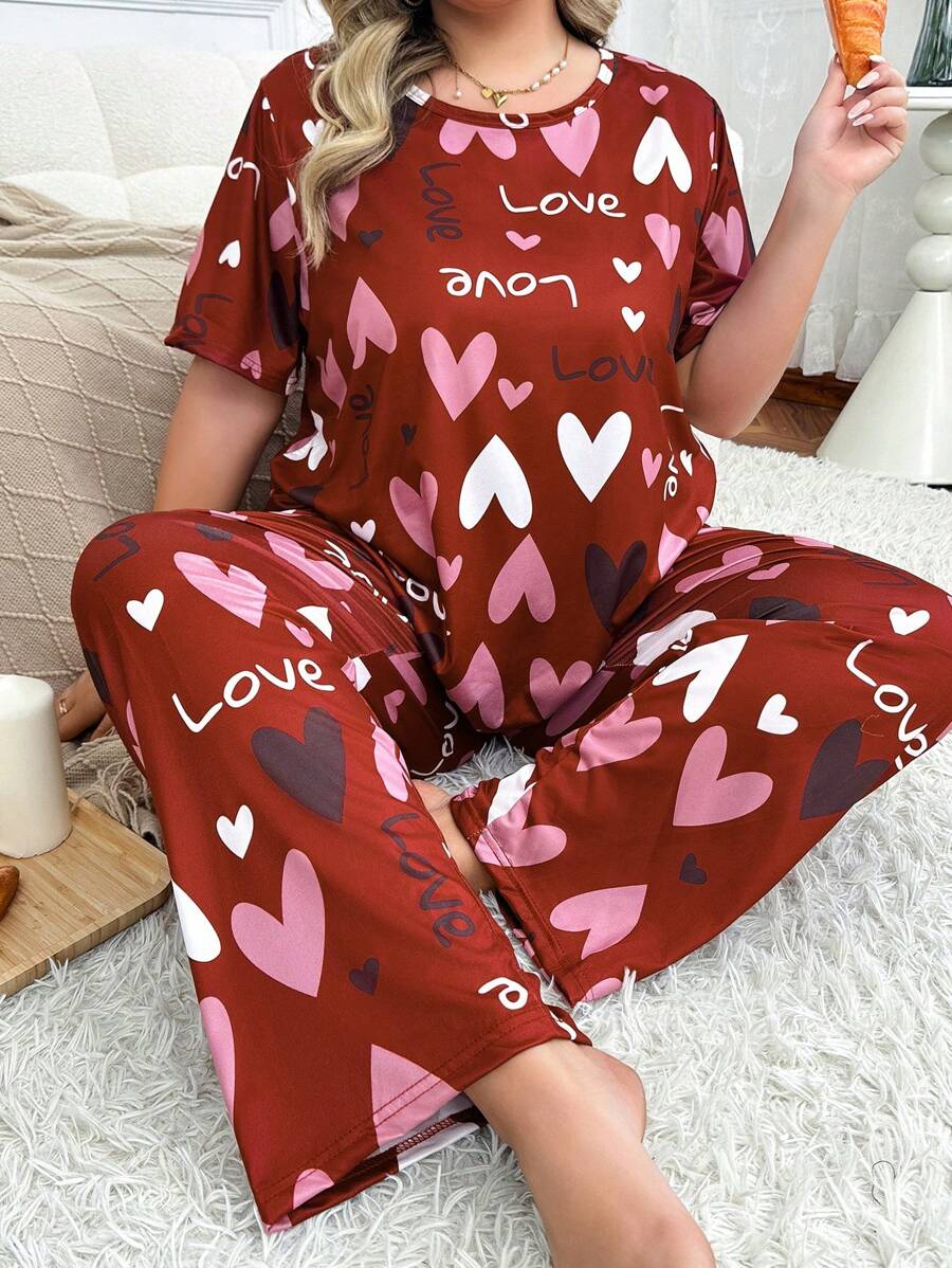 大码女士心形和字母印花短袖上衣和裤子睡衣套装，适合情人节 - 紅色 - 查看 1