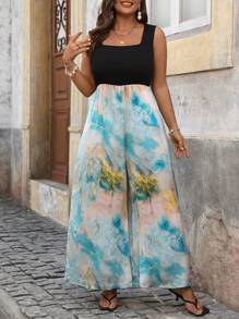 SHEIN VCAY Plus Size Boho Contrast Floral Print Wide Leg Pants 2-In-1 Jumpsuit, For Summer - Multicolor - View 3