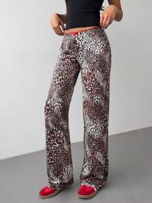 Aloruh Nuevos pantalones ceñidos de cintura alta, estilo casual, de estampado retro americano con lazo, decoración floral de encaje y estampado de leopardo, de estilo dulce y picante