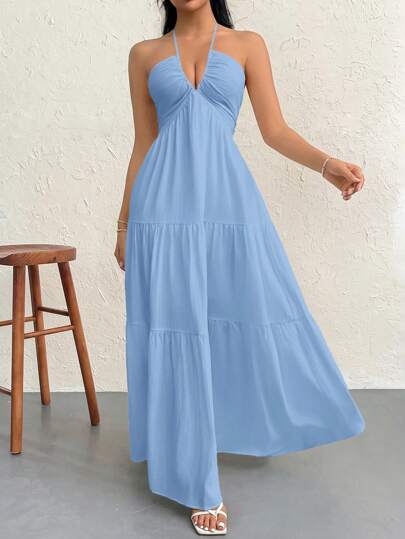 Firerie Đầm dài buộc dây hở lưng bằng vải chiffon dành cho nữ, thích hợp cho kỳ nghỉ, đám cưới, lễ cưới'