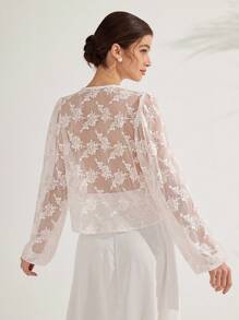 SHEIN Unity 白色花卉優雅夏季婚禮賓客法式鏤空刺繡網紗長袖鈕扣圓領上衣，女士約會之夜百搭款 - 白色 - 查看 2