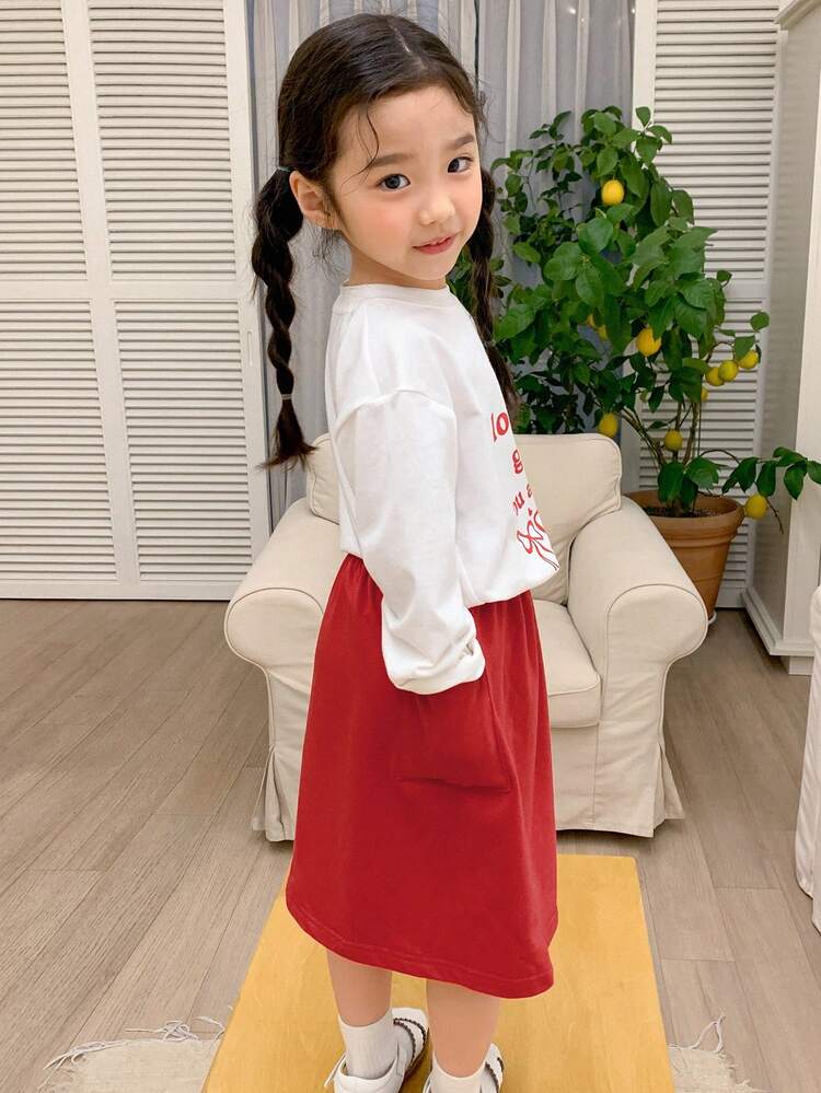 2pcs Young Girl Knitted Round Neck Long Sleeve Printed Top And A-Line Skirt Set, Spring/Summer