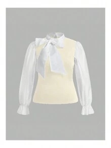 Flirla Plus Size Elegant Color Block Puff Sleeve Tie Neck Blouse Fall Cloth For Women - Apricot - View 1