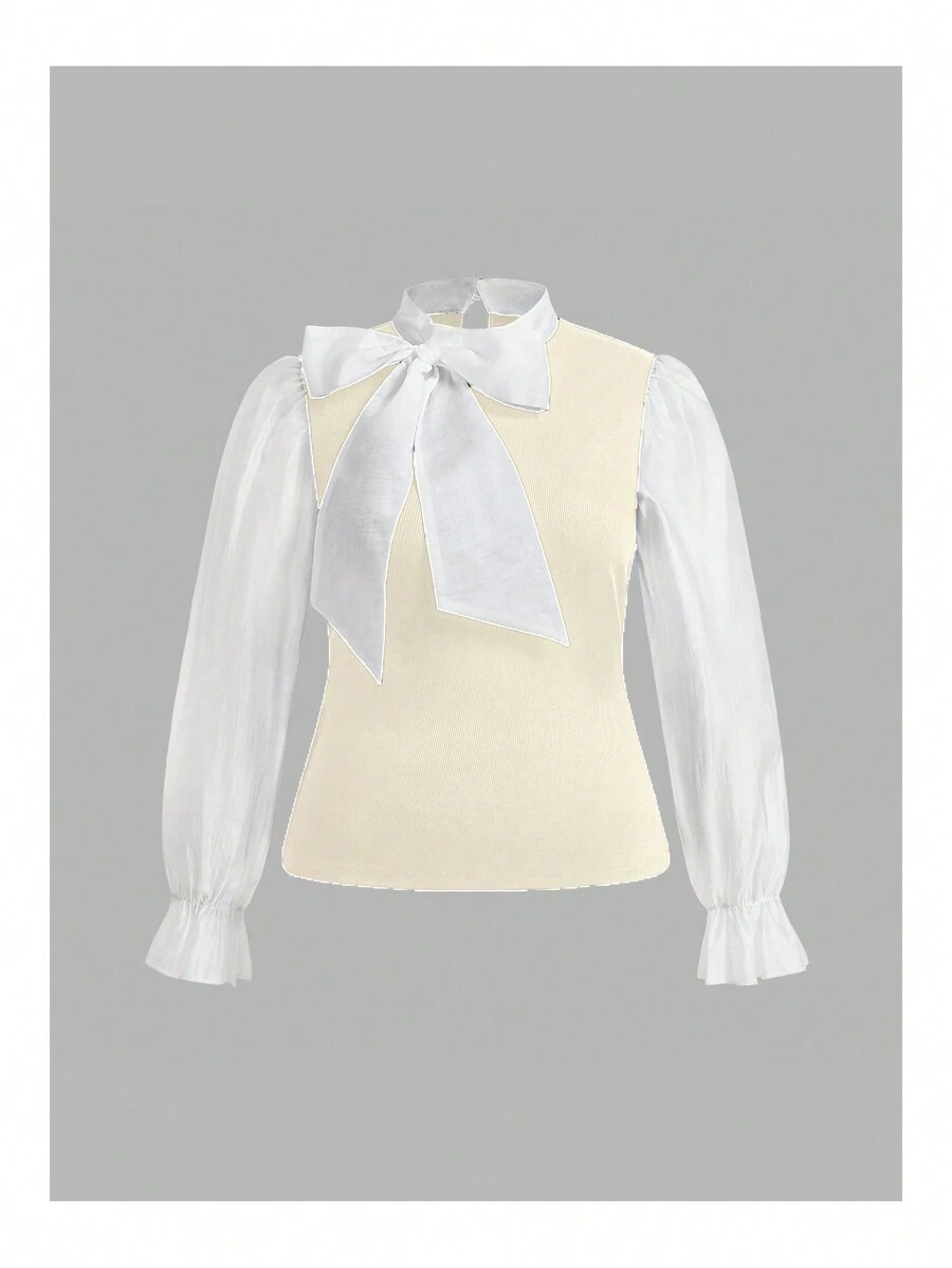 Flirla Plus Size Elegant Color Block Puff Sleeve Tie Neck Blouse Fall Cloth For Women - Apricot - View 1